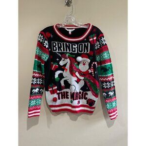 No Boundaries Ugly Christmas Sweater Juniors M Unicorn Santa Sequin Sparkle